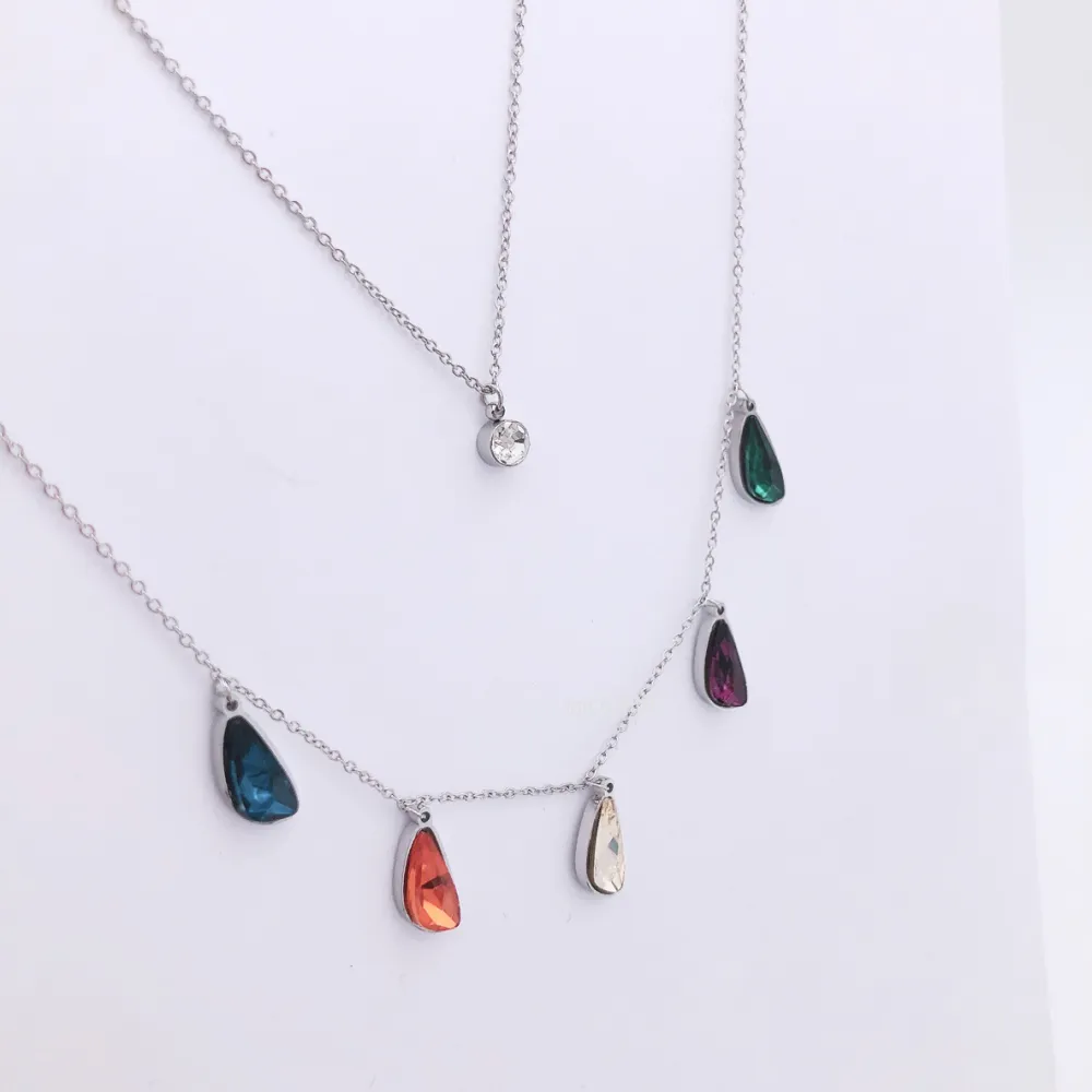 Collana moda multifilo  acciaio e cristallo - CAC5084-Goccia e punto lunce doppio filo - Collana Acciaio