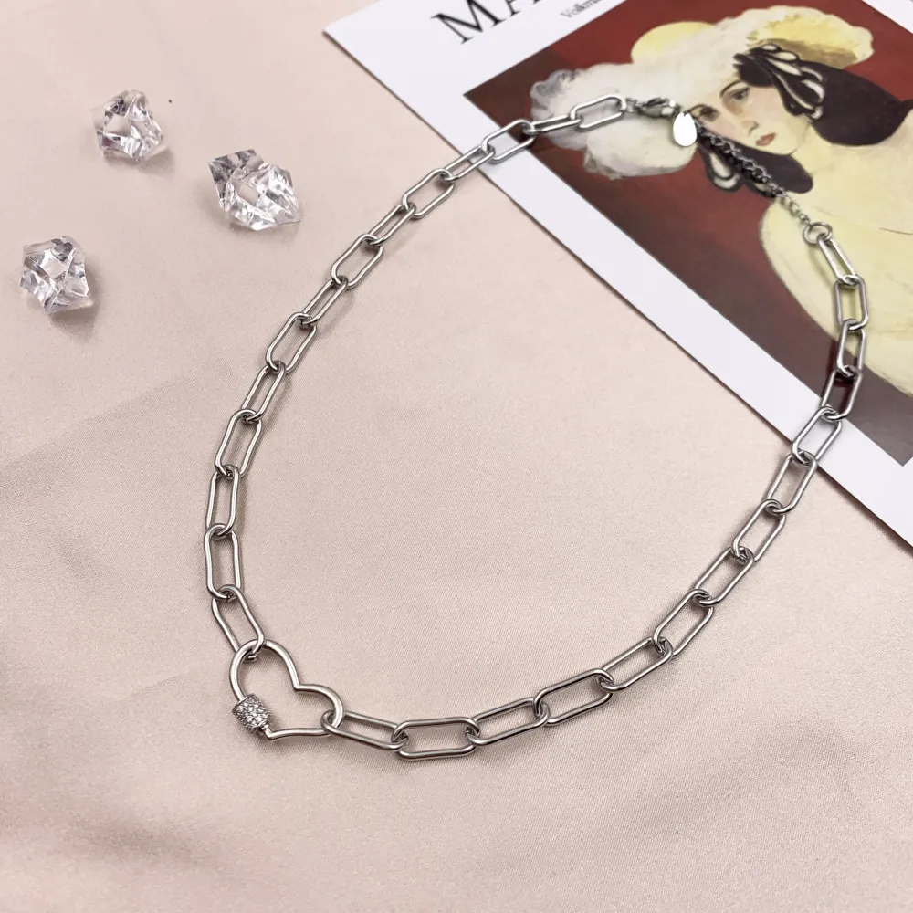 CAC7040-Cuore Zirconia- Collana Corta in Acciaio - CAC7040-Cuore Zirconia- Collana Corta in Acciaio