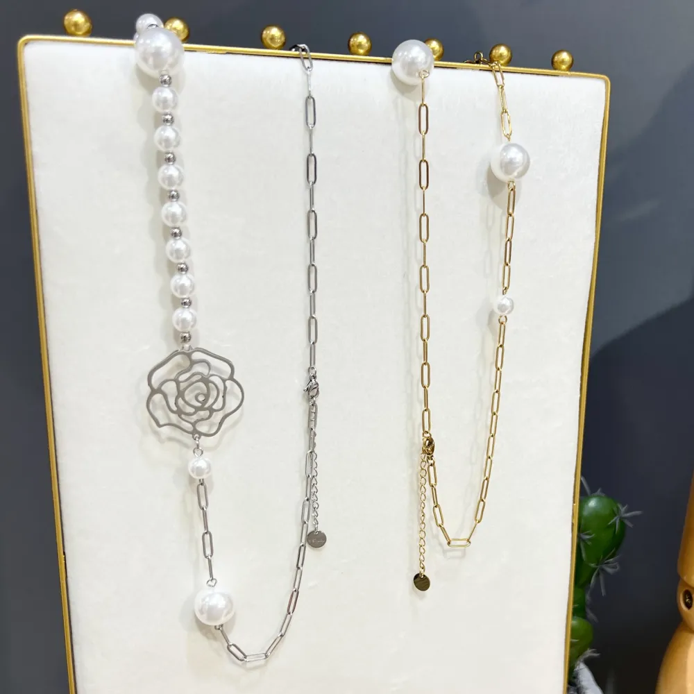 Perla con Fiore-Collana Lunga  in Acciaio - CAL-759-31