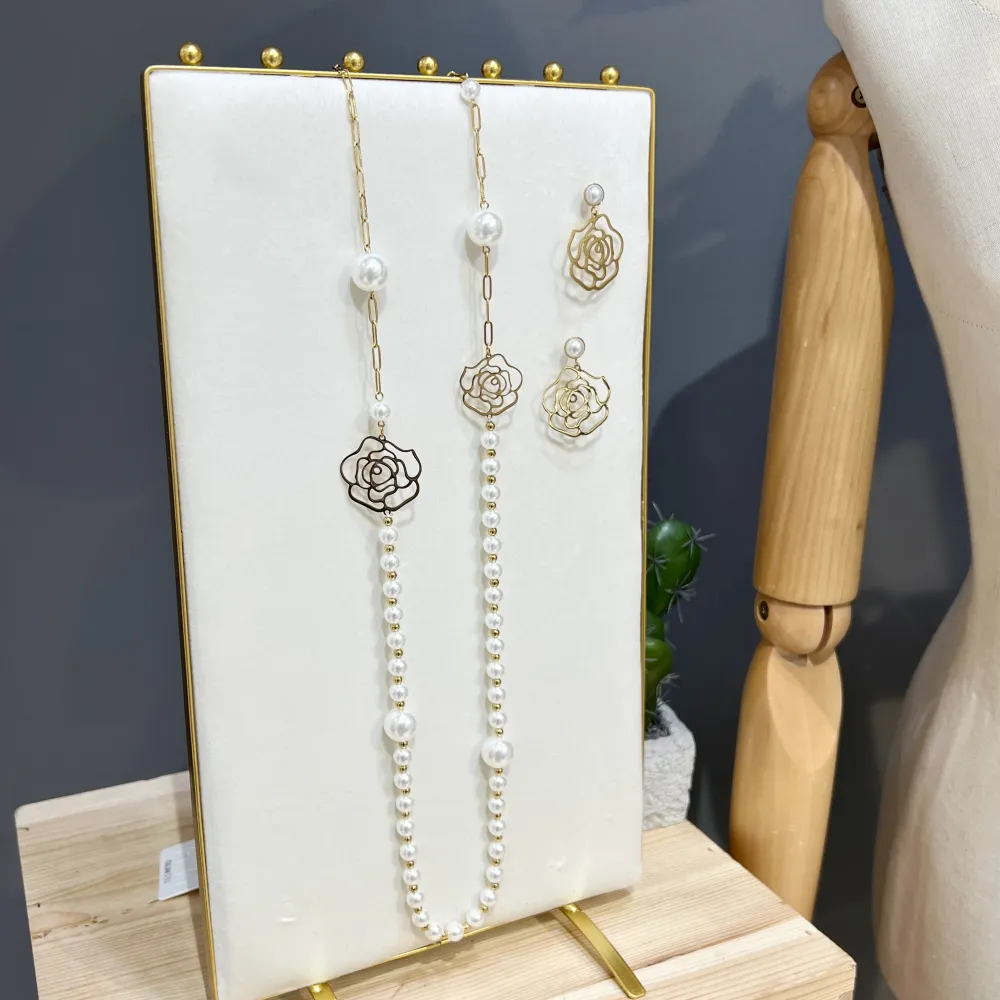 Perla con Fiore-Collana Lunga  in Acciaio - CAL-759-31