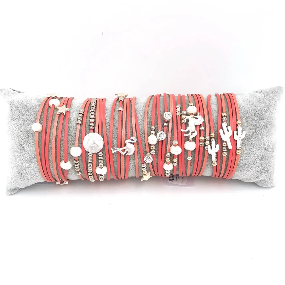 Bracciali con cuscino in omaggio - Cuoio lega fenicottero cactus - 6 pz 8795