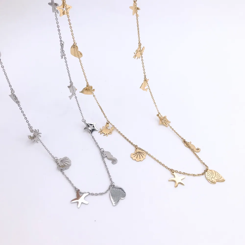 Collana lunga in  acciaio - MARE STELLA MARINA PESCE CONCHIGLIA PENDENTE MIX  3981 -COLLANA