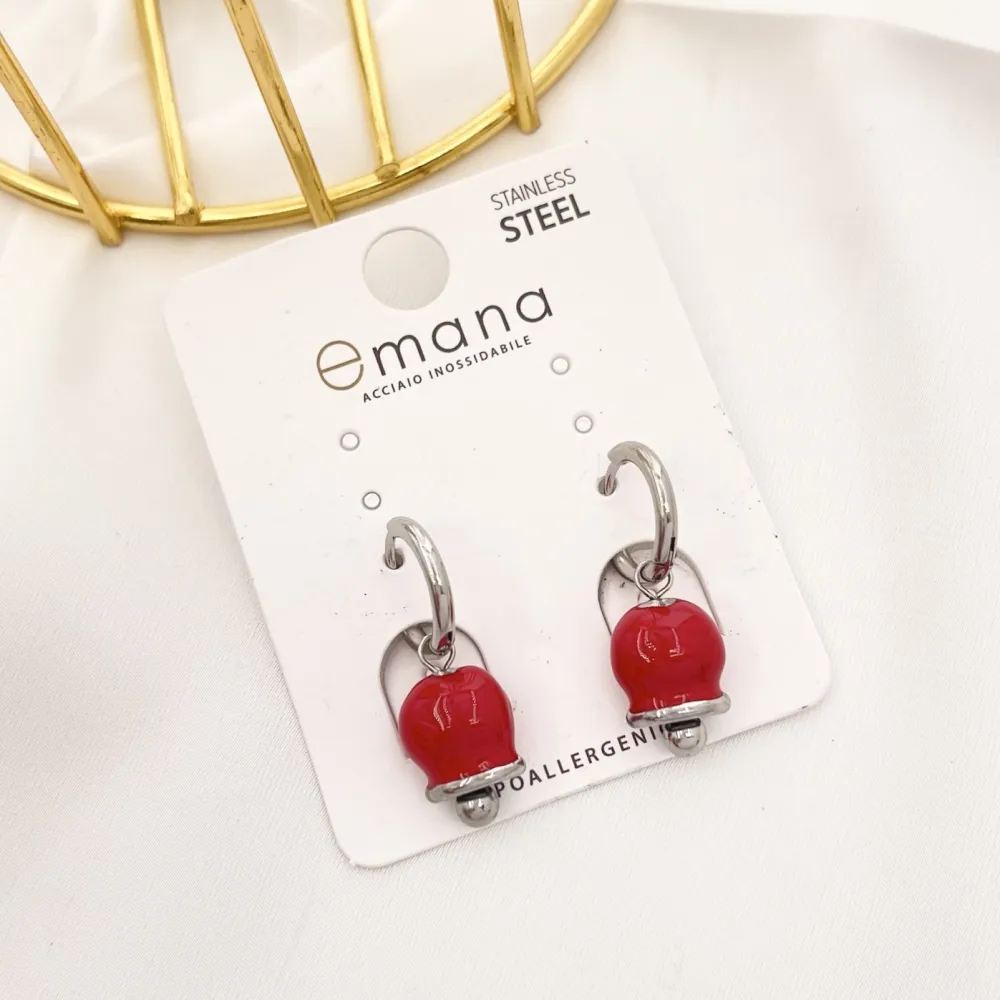 Cerchio con Campanello Smaltato-12Paia Orecchini in Acciaio - OAP-103-AA3074E