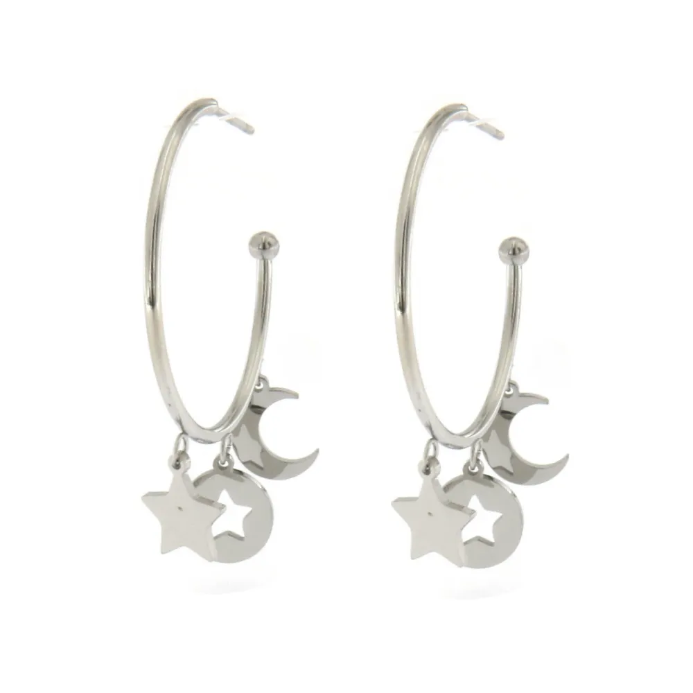 OAP6818-Stella- Orecchini a Cerchio con Pendenti in Acciaio - OAP6818-Stella- Orecchini a Cerchio con Pendenti in Acciaio