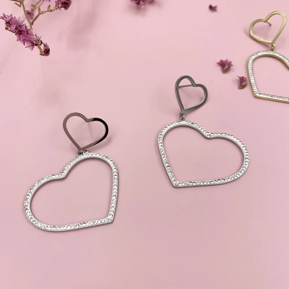 OAP6834-Cuore Pendente Strass- Orecchini in Acciaio - OAP6834-Cuore Pendente Strass- Orecchini in Acciaio