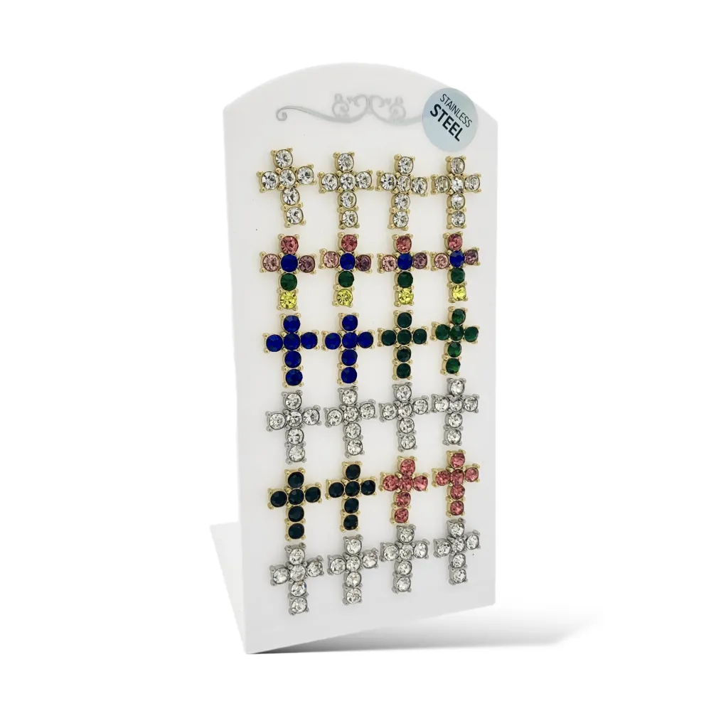 Croce con Strass-12Paia Orecchini a Lobo in Acciaio - OPA-103-AA2410E