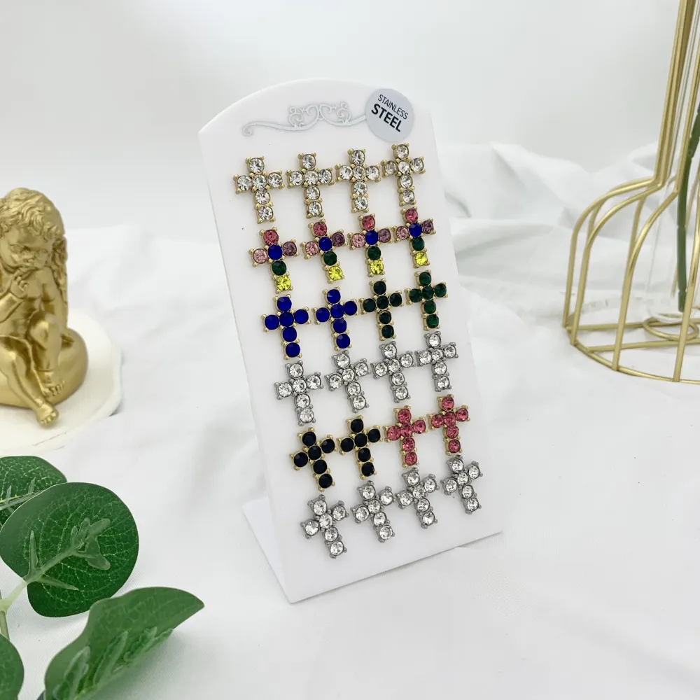 Croce con Strass-12Paia Orecchini a Lobo in Acciaio - OPA-103-AA2410E