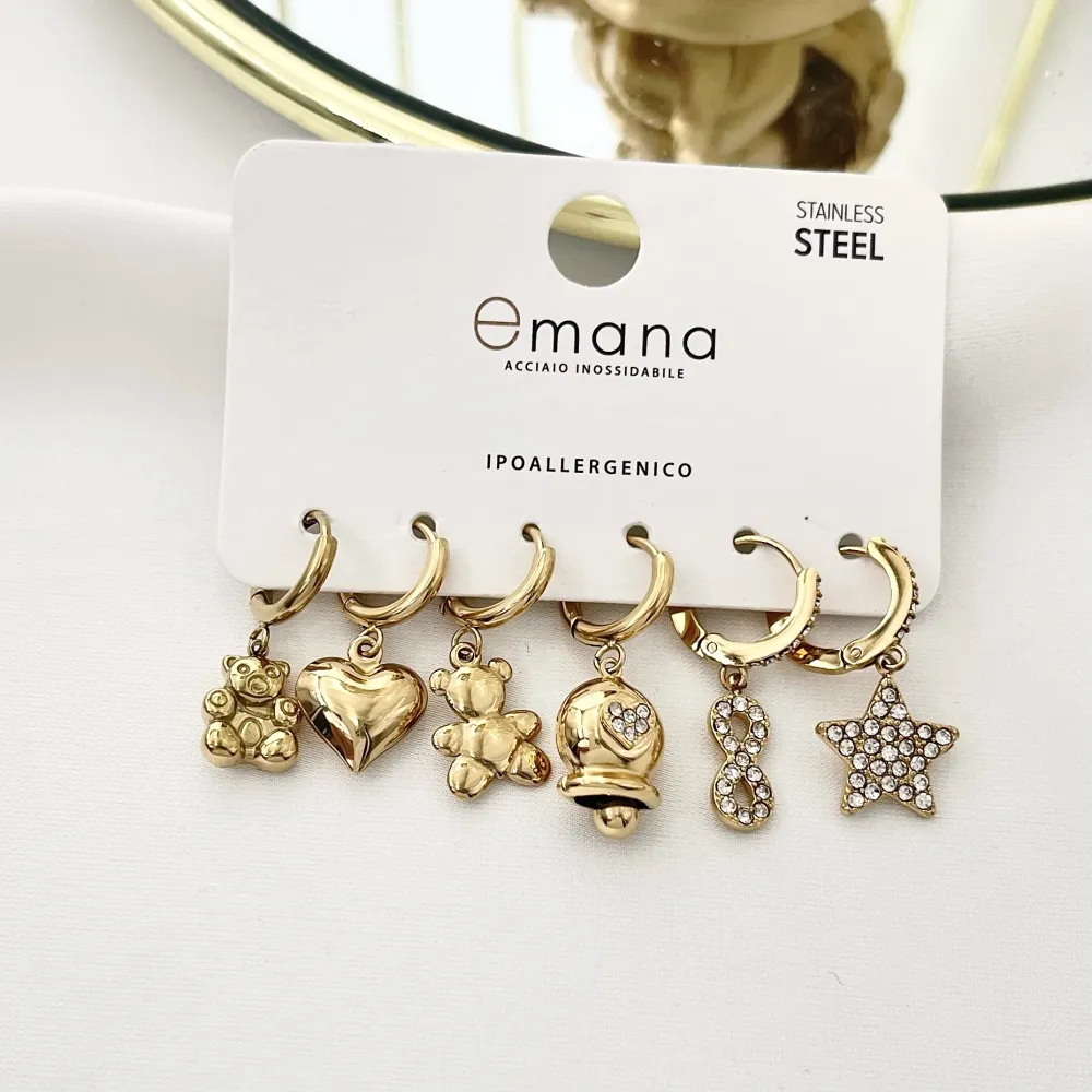 Orsetto Cuore Stella - Set 6pz Orecchini in Acciaio - OPA-103-AA3330E