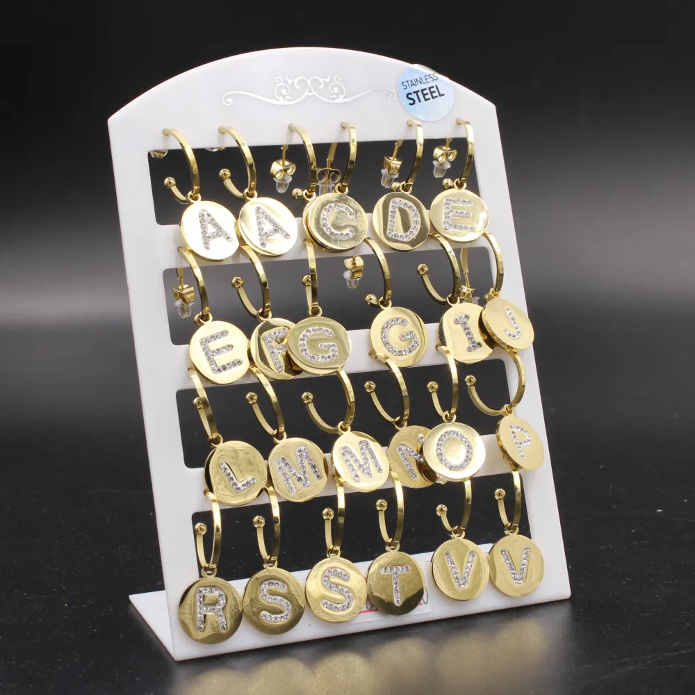 OPA-Iniziale Strass Tondo 5014- 12 Paia Orecchini in Acciaio - OPA413-0243-Iniziale Strass Tondo - 12 Paia Orecchini in Acciaio