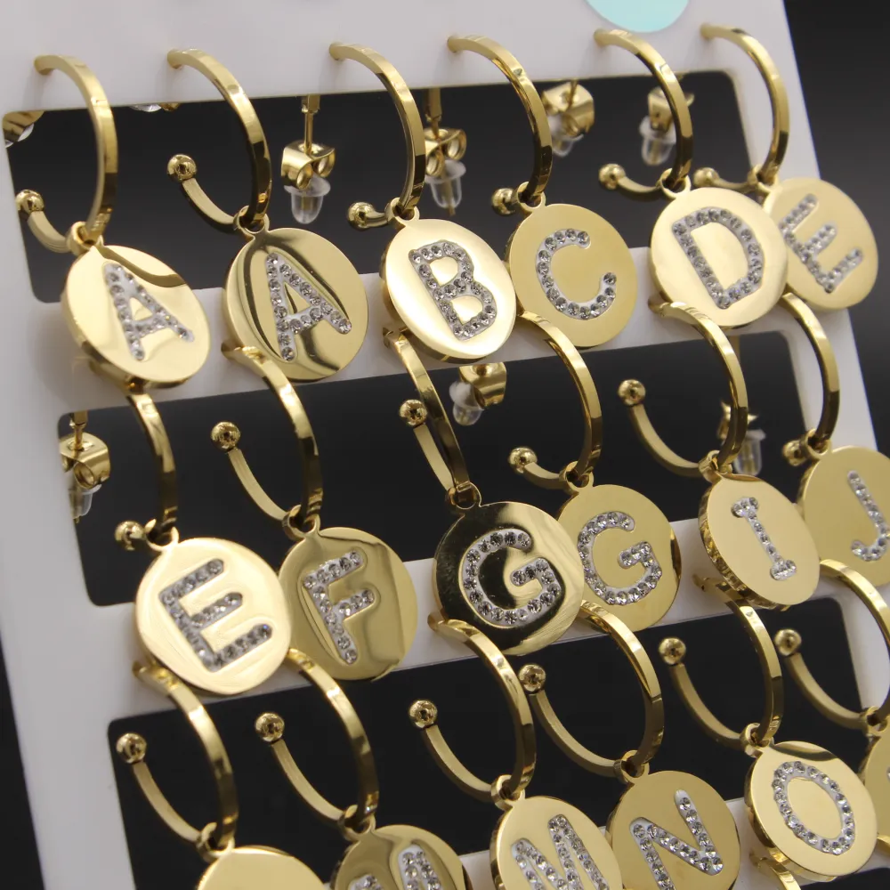 OPA-Iniziale Strass Tondo 5014- 12 Paia Orecchini in Acciaio - OPA413-0243-Iniziale Strass Tondo - 12 Paia Orecchini in Acciaio