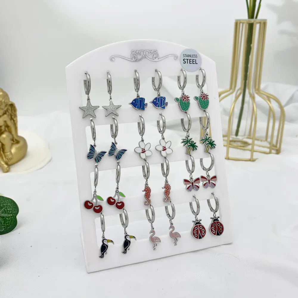 Mix Soggetti Tropocali Smaltato-12Paia Orecchini in Acciaio - OPA-413-983