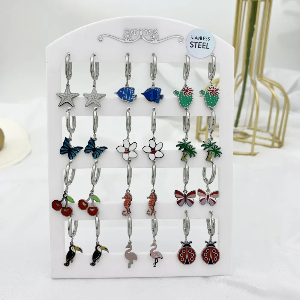 Mix Soggetti Tropocali Smaltato-12Paia Orecchini in Acciaio - OPA-413-983