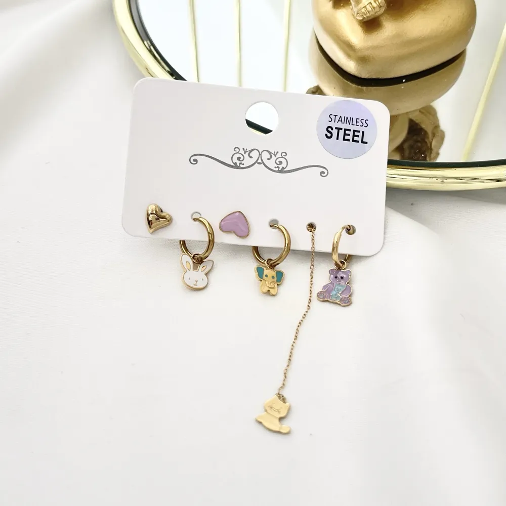 Orsetto Elefantino Coniglio Smaltato-Set 6pz Orecchini in Acciaio - OPA-736-12