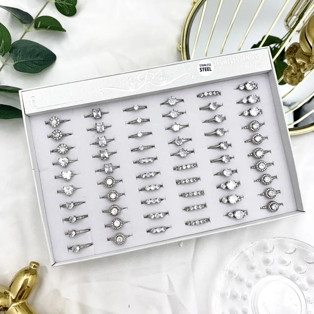 Mix Anelli Basici con Zirconia-36pz Anelli Regolabili in Acciaio - AAR-103-AA01R