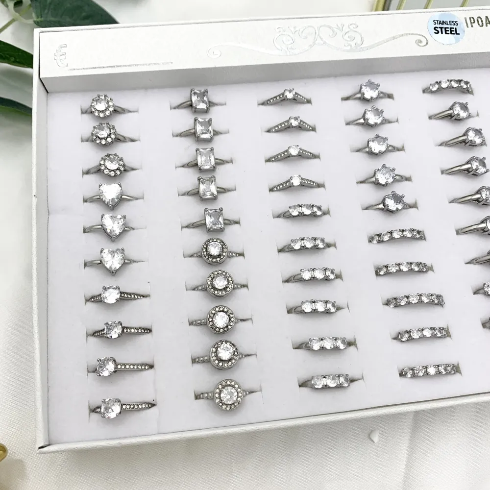 Mix Anelli Basici con Zirconia-36pz Anelli Regolabili in Acciaio - AAR-103-AA01R