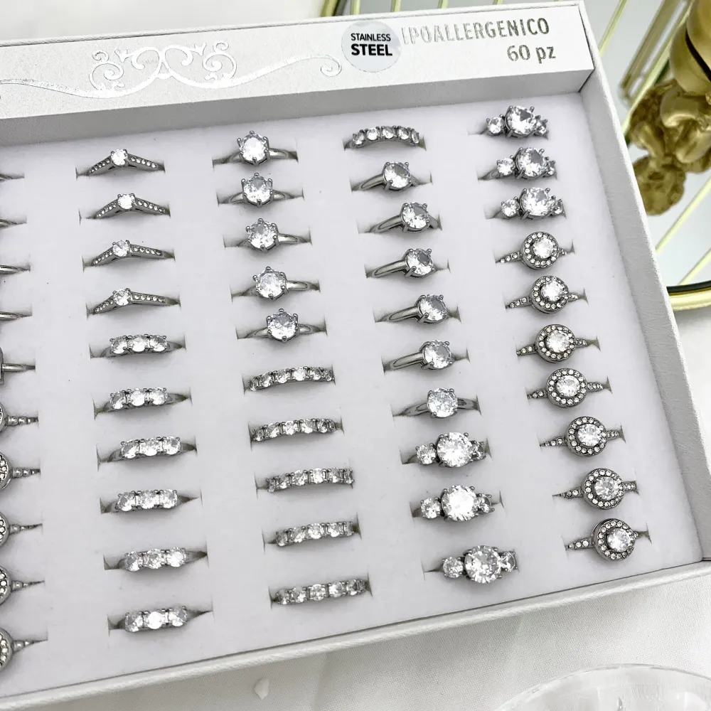Mix Anelli Basici con Zirconia-36pz Anelli Regolabili in Acciaio - AAR-103-AA01R