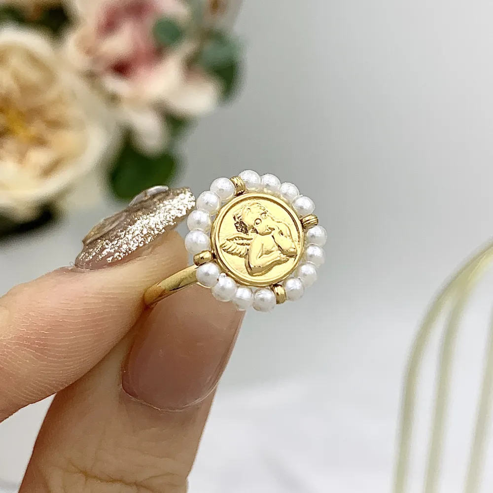 Angelo con Cristalli-36pz Anelli Regolabili in Acciaio - AAR-103-AA2711R