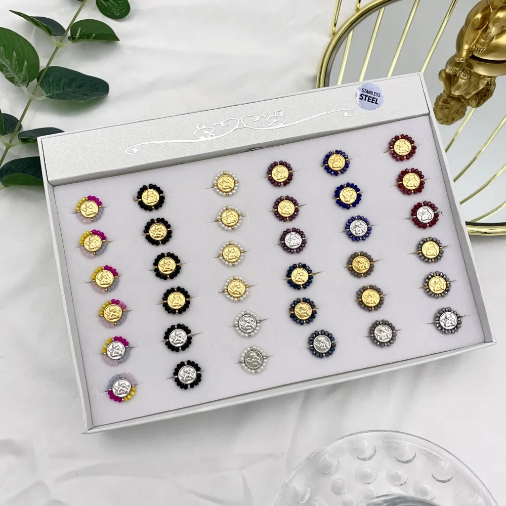 Angelo con Cristalli-36pz Anelli Regolabili in Acciaio - AAR-103-AA2711R