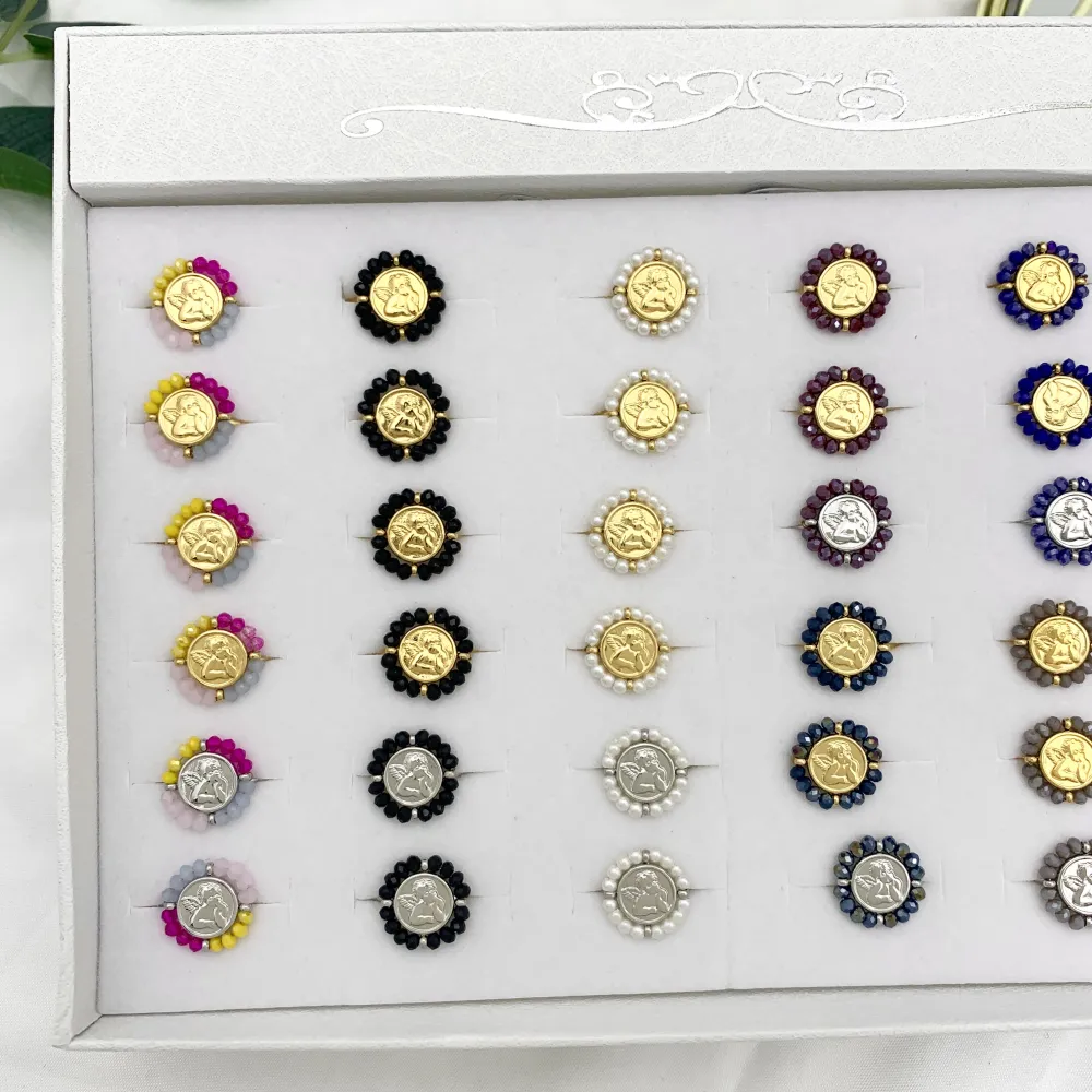 Angelo con Cristalli-36pz Anelli Regolabili in Acciaio - AAR-103-AA2711R