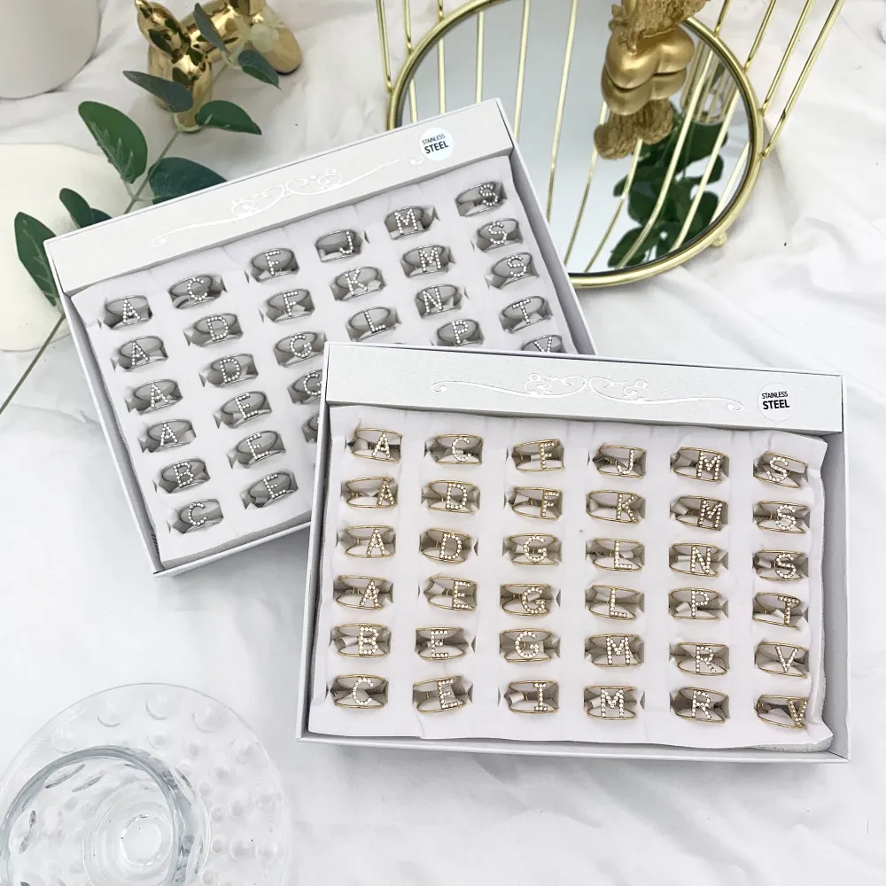 Iniziale con Zirconia-36pz Anelli Regolabili in Acciaio - AAR-103-AA2982R