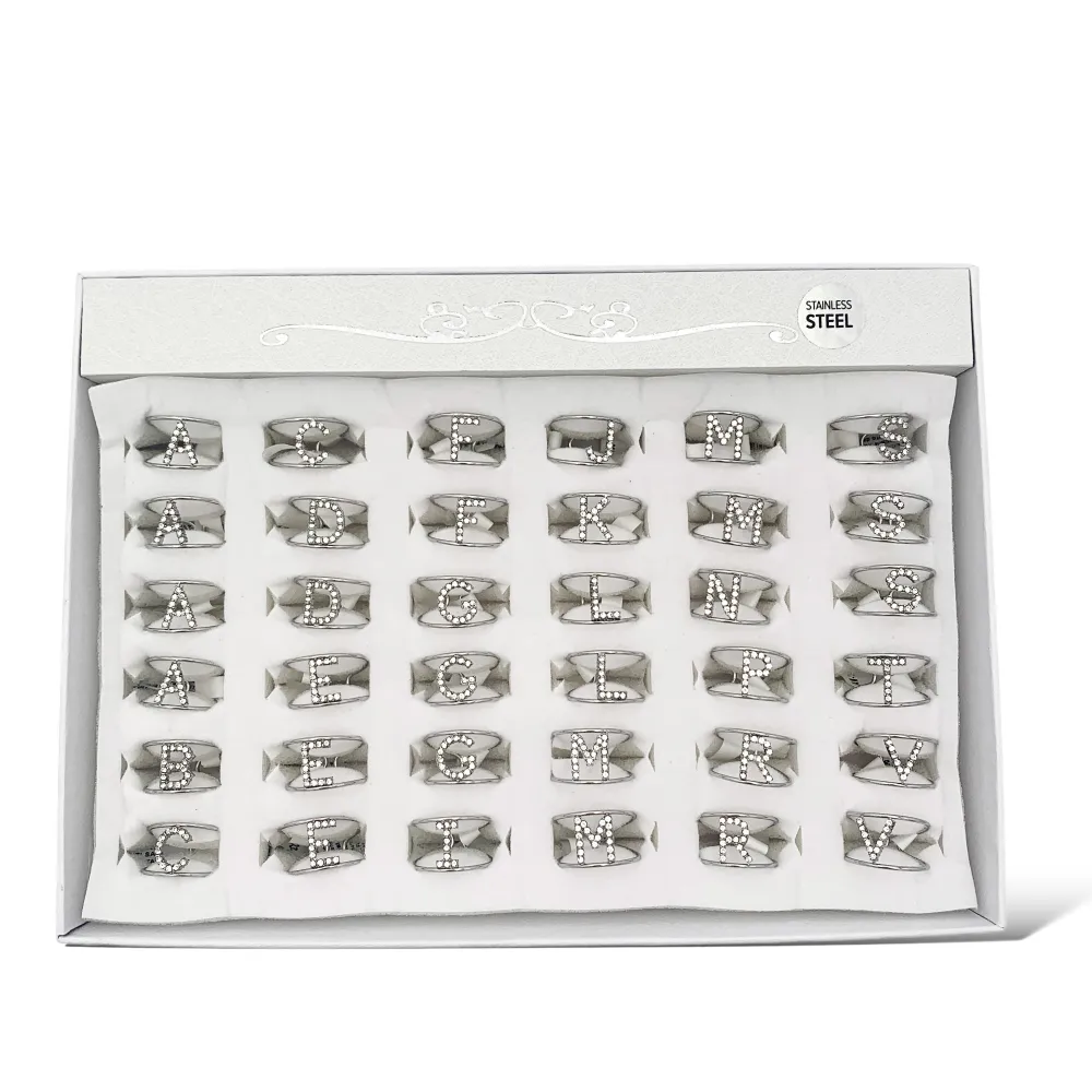 Iniziale con Zirconia-36pz Anelli Regolabili in Acciaio - AAR-103-AA2982R