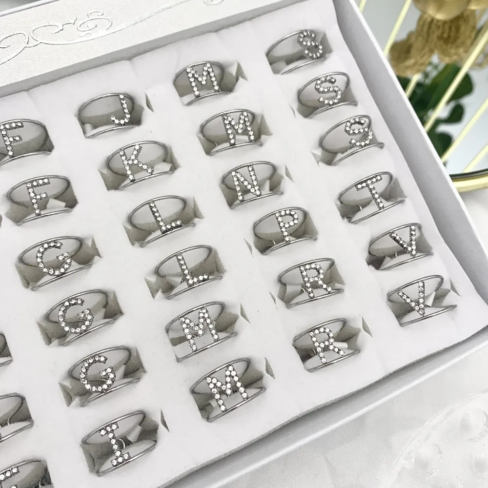 Iniziale con Zirconia-36pz Anelli Regolabili in Acciaio - AAR-103-AA2982R