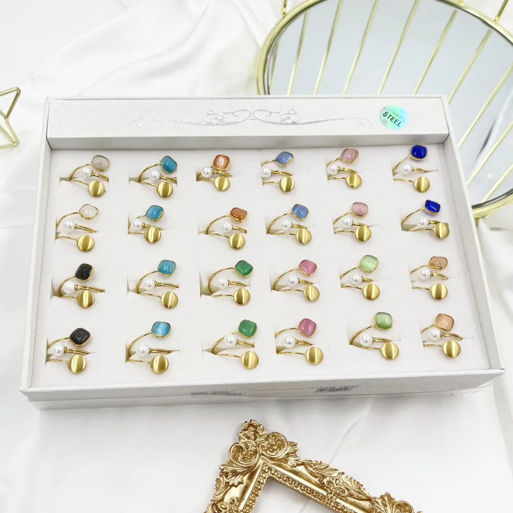 Pietra Perla-24pz Anelli Regolabili in Acciaio - AAR-103-AA5159R