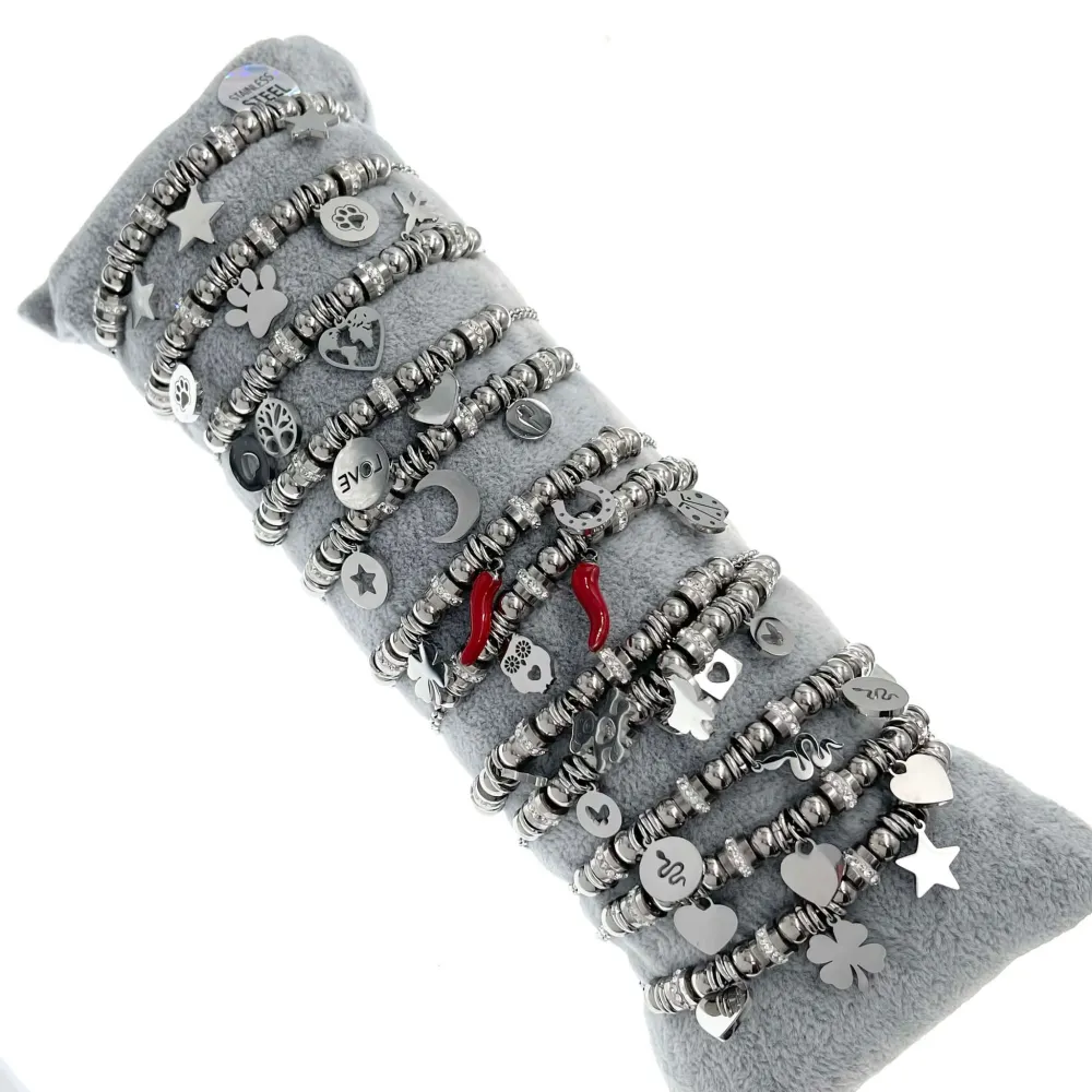 Mix Soggetti- 12 Pz Bracciali in Acciaio con Moschettone - BPA-413-1615