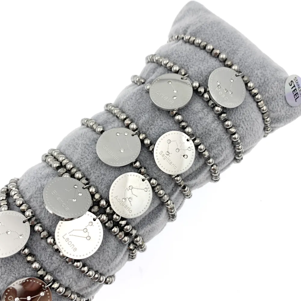 12Pz Bracciali Elastici in Acciaio+Cuscino in Omaggio - BPA413-2259-Segno Zodiacale-12 Pz Bracciali in Acciaio