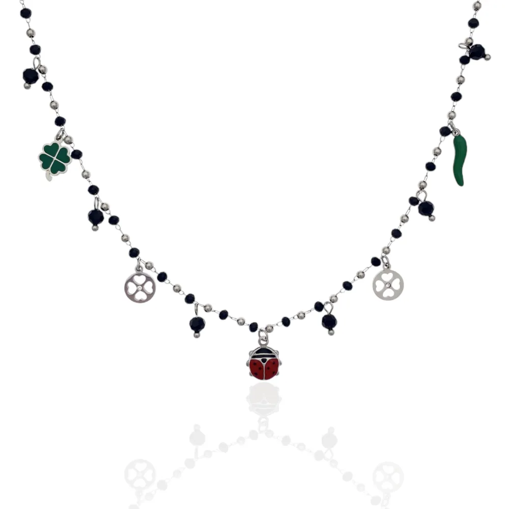 Fortuna Coccinella-Collana Corta in Acciaio e Cristalli - CAC-103-AA618NS