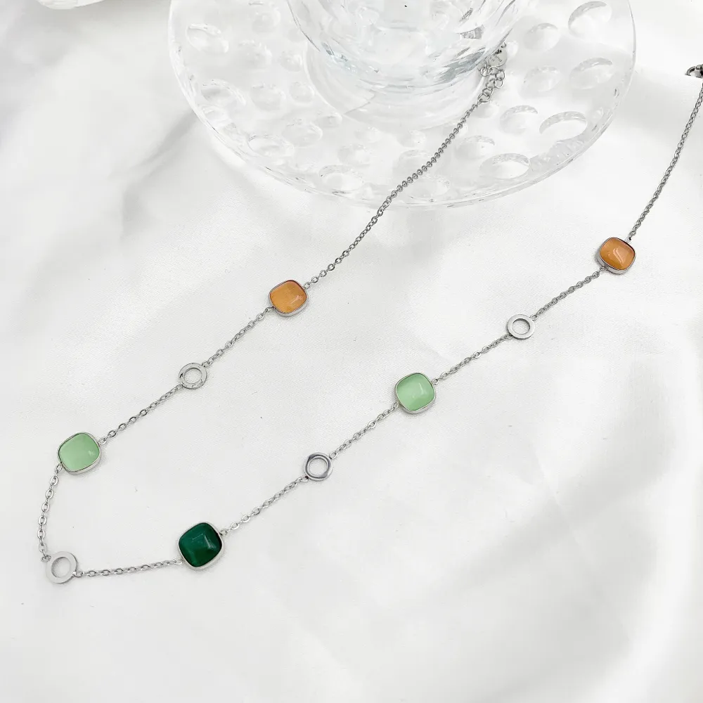 Pietra Luna Quadrata-Collana Corta in Acciaio - CAC-103-AA633N