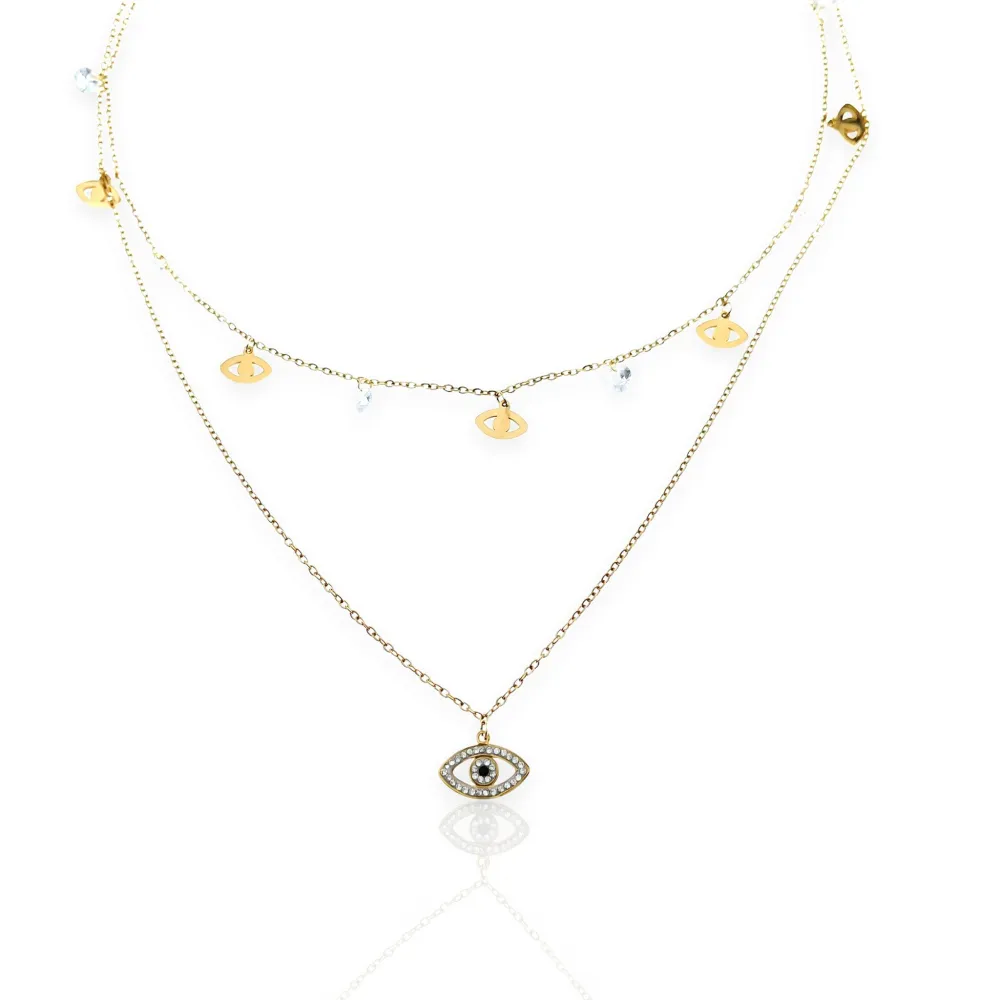 Doppio Zirconia occhio -Collana Corta in Acciaio - CAC-413-1712
