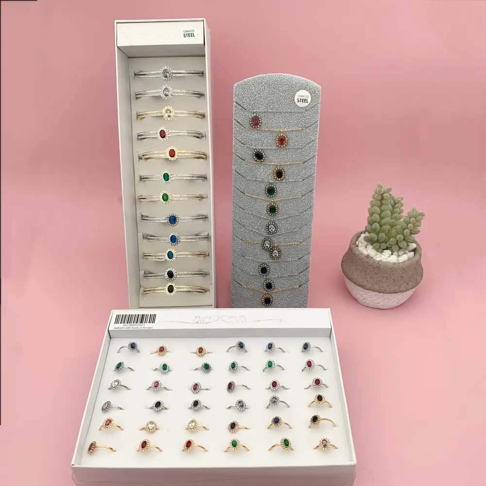 Pietra Ovale-12Pz Collane Corta in Acciaio + Espositore in Omag - CAC-413-2121