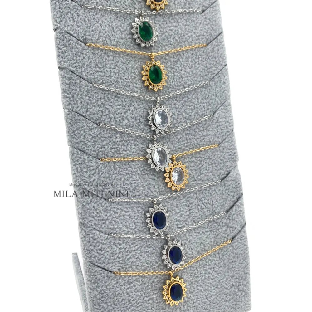 Pietra Ovale-12Pz Collane Corta in Acciaio + Espositore in Omag - CAC-413-2121