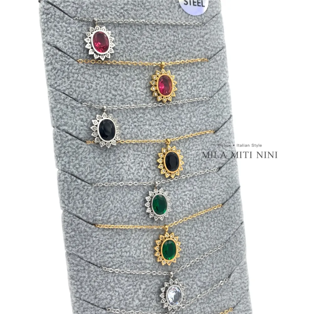 Pietra Ovale-12Pz Collane Corta in Acciaio + Espositore in Omag - CAC-413-2121