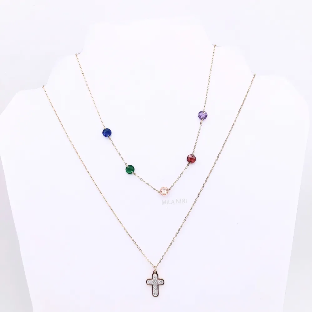 Collana moda multifilo  acciaio e cristallo - CAC5038-Croce e zirconia- Collana Corta Multifilo in Acciaio