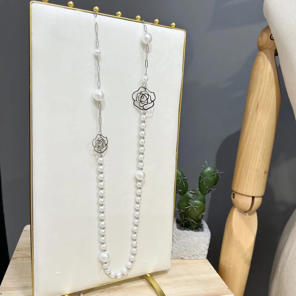 Perla con Fiore-Collana Lunga  in Acciaio - CAL-759-31