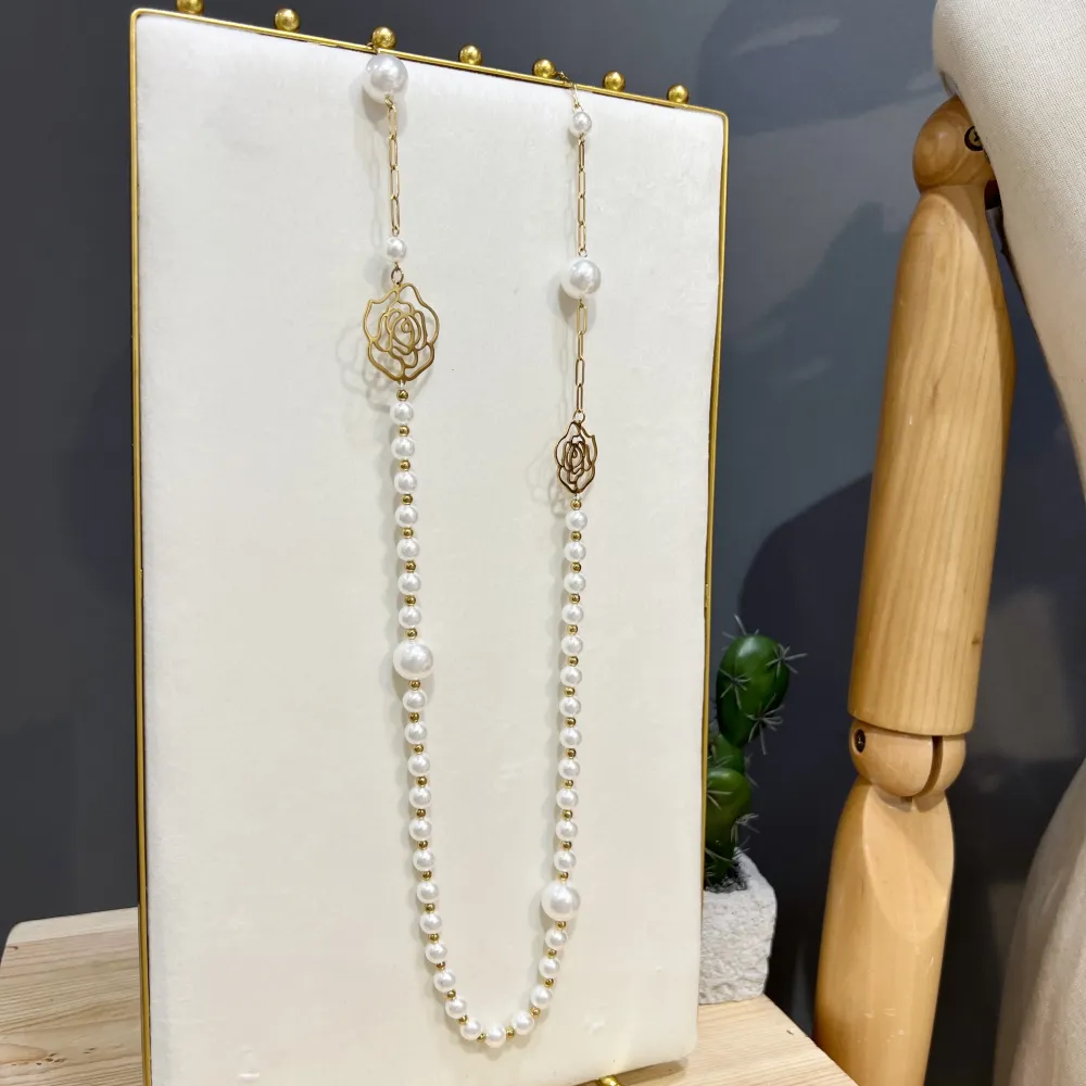 Perla con Fiore-Collana Lunga  in Acciaio - CAL-759-31