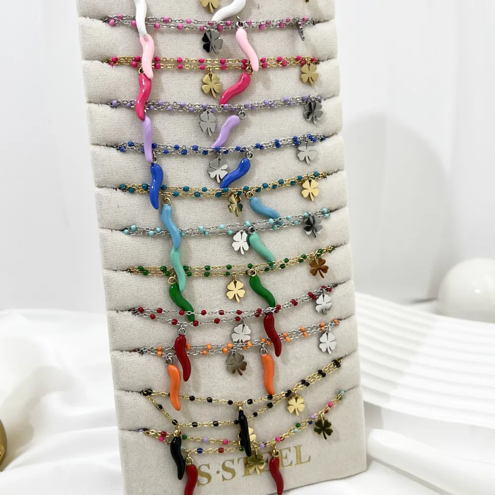 Cornino con Quadrifoglio-24pz Collane in Acciaio - CPA-103-AA3967N 24