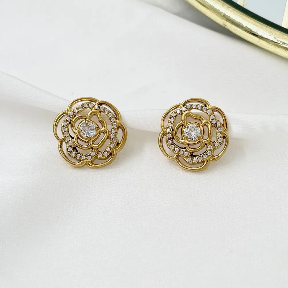 Fiore Rosa con Strass -Orecchini in Acciaio - OAP-103-AA4175E