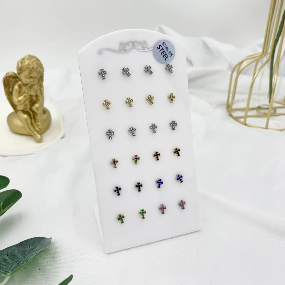 Croce Piccolo con Zirconia-12Paia Orecchini a Lobo in Acciaio - OPA-103-AA2409E