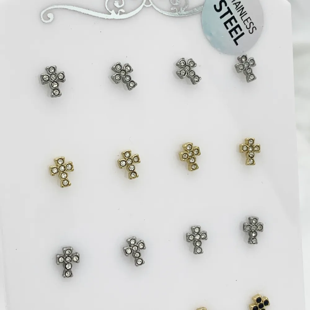 Croce Piccolo con Zirconia-12Paia Orecchini a Lobo in Acciaio - OPA-103-AA2409E