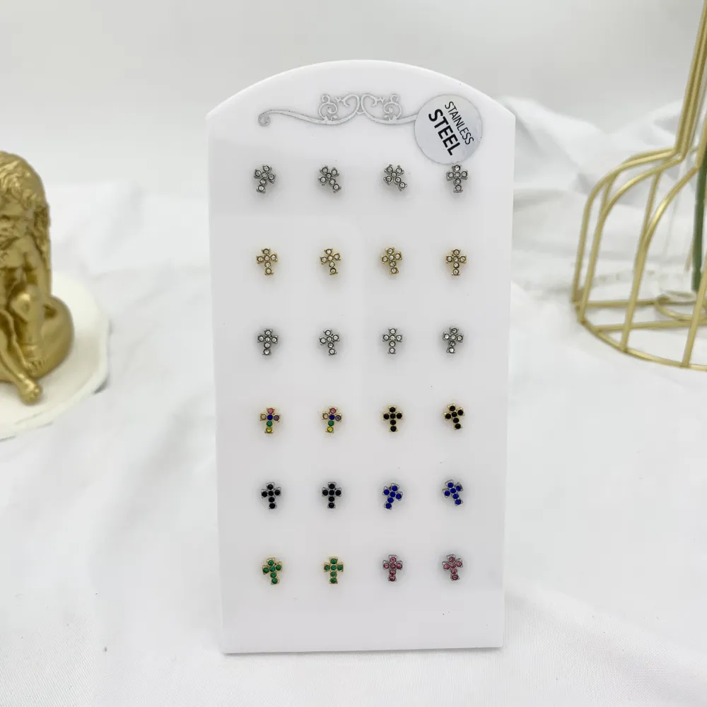 Croce Piccolo con Zirconia-12Paia Orecchini a Lobo in Acciaio - OPA-103-AA2409E