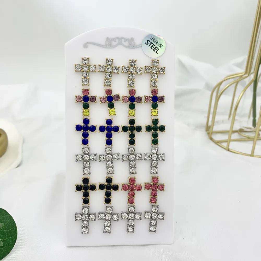 Croce con Strass-12Paia Orecchini a Lobo in Acciaio - OPA-103-AA2410E