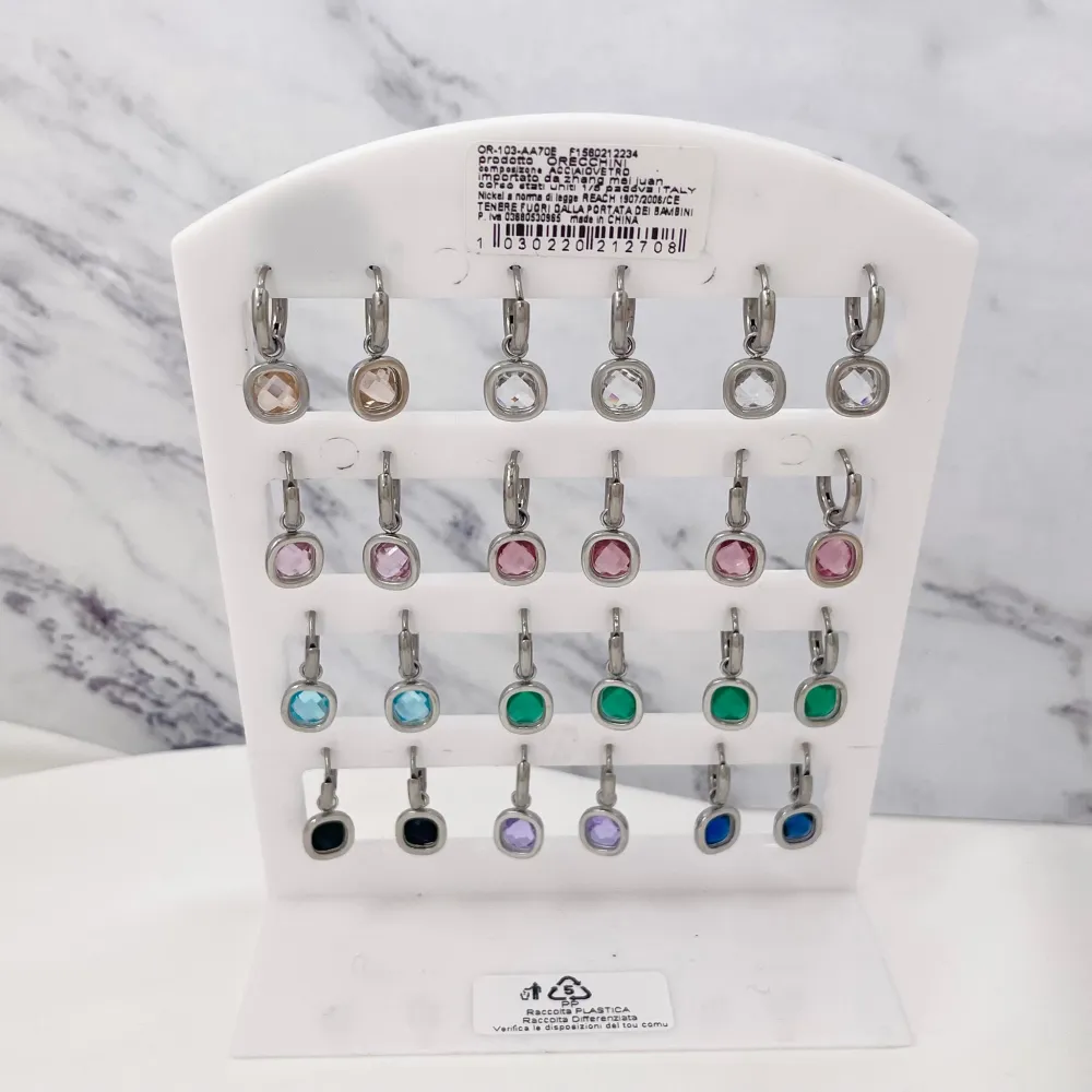 Cerchio con Piedtra Quadrata-12Paia Orecchini in Acciaio - OPA103-AA70E