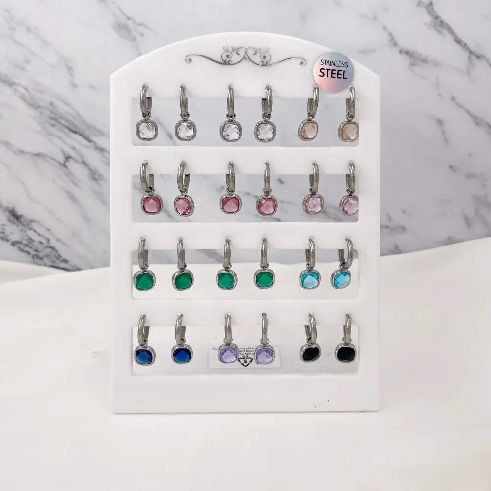 Cerchio con Piedtra Quadrata-12Paia Orecchini in Acciaio - OPA103-AA70E