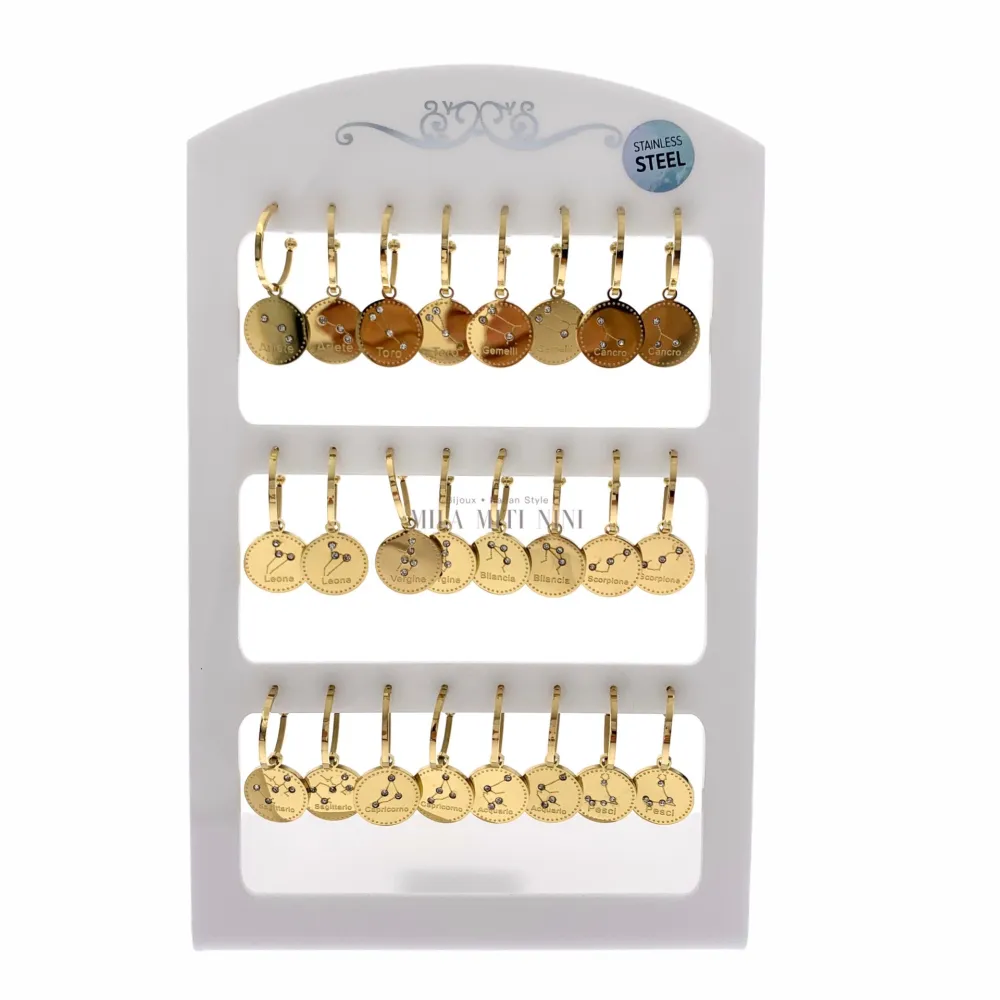 OPA7750-Segno Zodiacale-12 Paia Orecchini a Cerchio in Acciaio - OPA413-691-Segno Zodiacale-12 Paia Orecchini in Acciaio