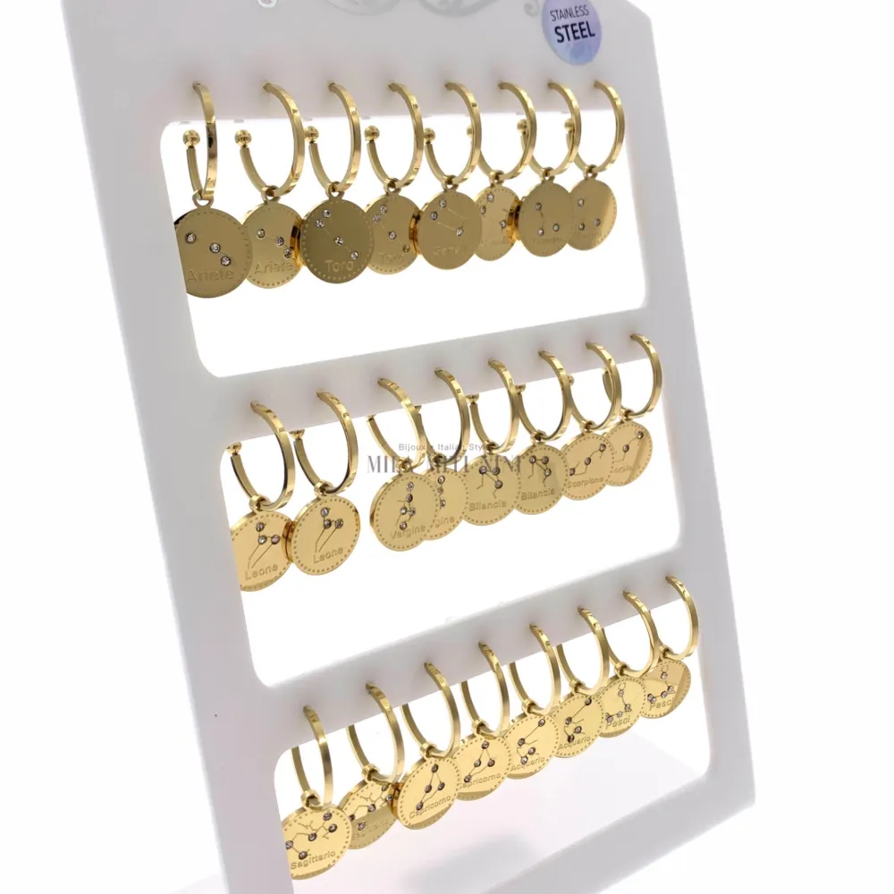 OPA7750-Segno Zodiacale-12 Paia Orecchini a Cerchio in Acciaio - OPA413-691-Segno Zodiacale-12 Paia Orecchini in Acciaio