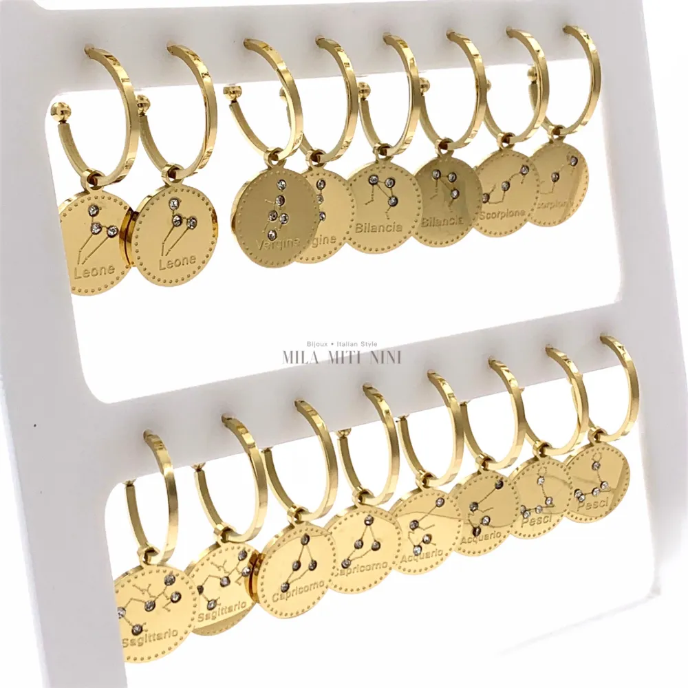 OPA7750-Segno Zodiacale-12 Paia Orecchini a Cerchio in Acciaio - OPA413-691-Segno Zodiacale-12 Paia Orecchini in Acciaio