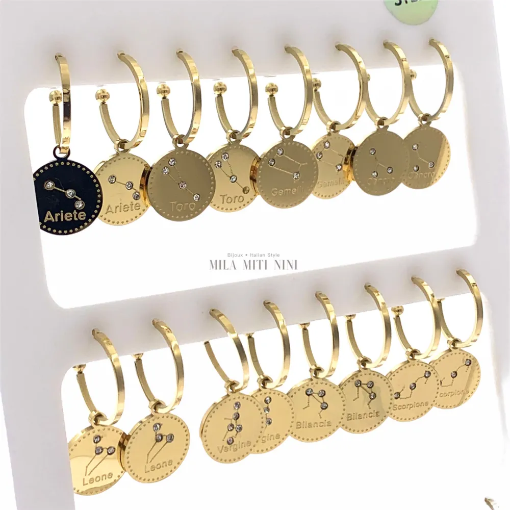 OPA7750-Segno Zodiacale-12 Paia Orecchini a Cerchio in Acciaio - OPA413-691-Segno Zodiacale-12 Paia Orecchini in Acciaio